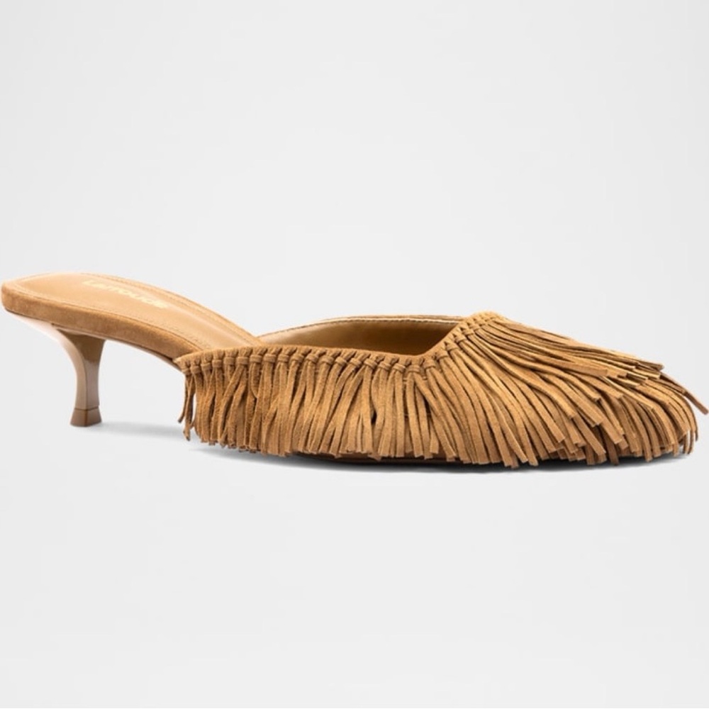 Larroude Tan Suede Fringed Kitten Heel Mule - Picture 1 of 16